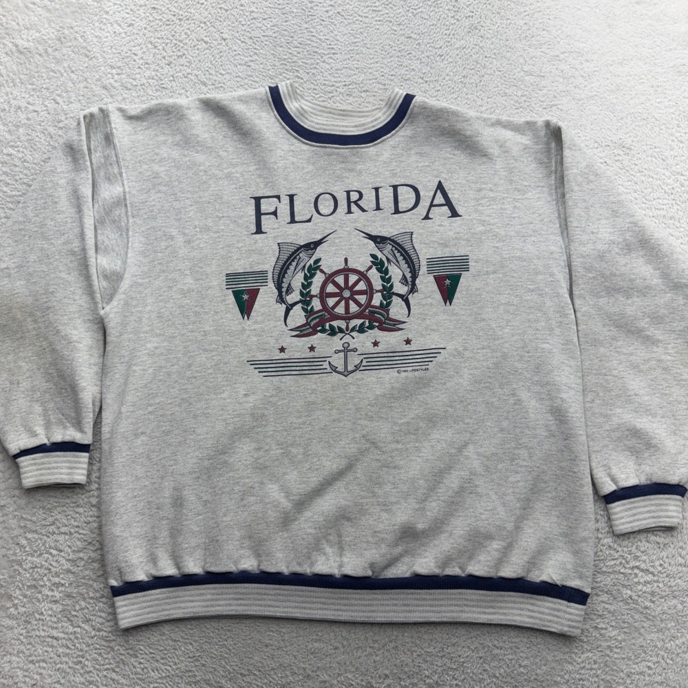 Vintage 1992‎ Lifestyles Florida Nautical Graphic Sweatshirt Mens XL Gray Marlin